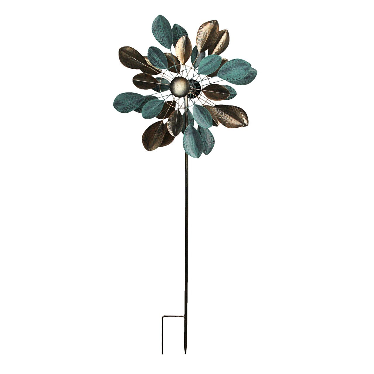 Copper / Verdigris Leaf-Shaped Double Pinwheel Wind Spinner Garden Stake 63 Inch